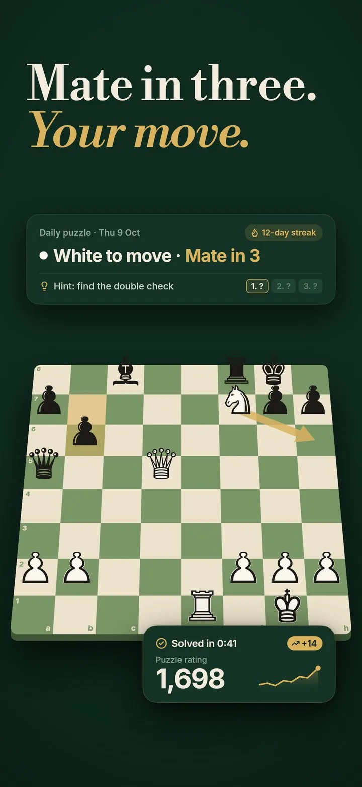 Gambit screenshot: Mate in three. Your move.