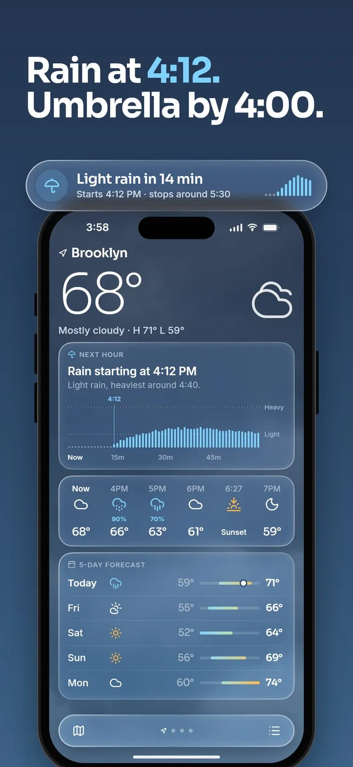 Stratus screenshot: Rain at 4:12. Umbrella by 4:00.
